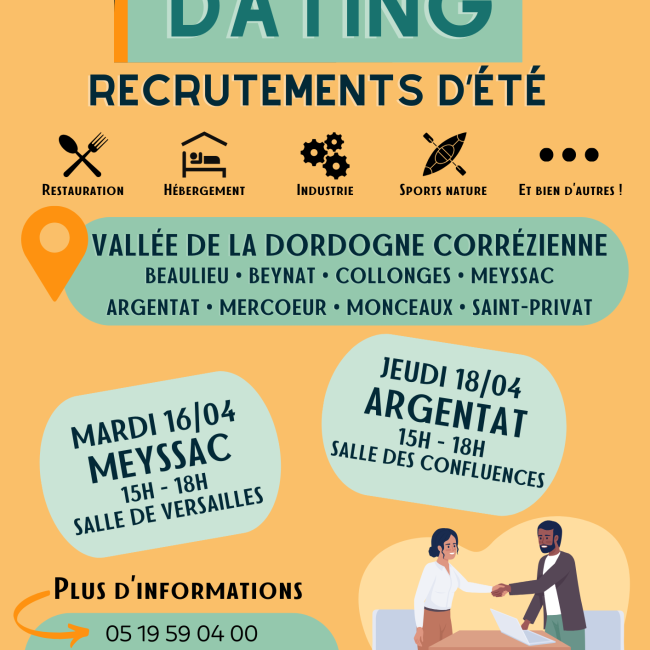 JOB DATING recrutements d’été les 16 et 18 avril 2024 à Meyssac et Argentat-sur-Dordogne